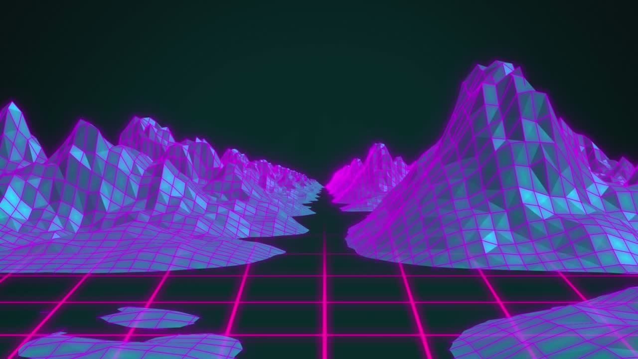 Animation of metaverse structures over grid network against black background