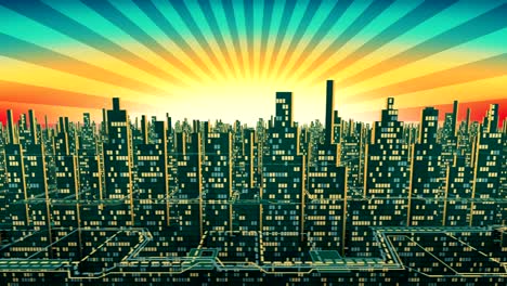 aerial view of city skyscrapers silhouette with glowing windows in the background of the shining sky, seamless loop, alpha matte