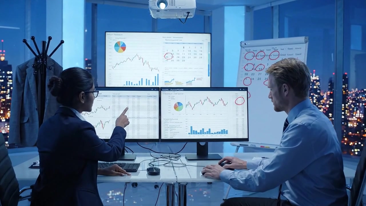 Two Professionals Analyzing Financial Data on Multiple Screens in a Modern Office with City View at Night, Utilizing Charts and Graphs for Insights