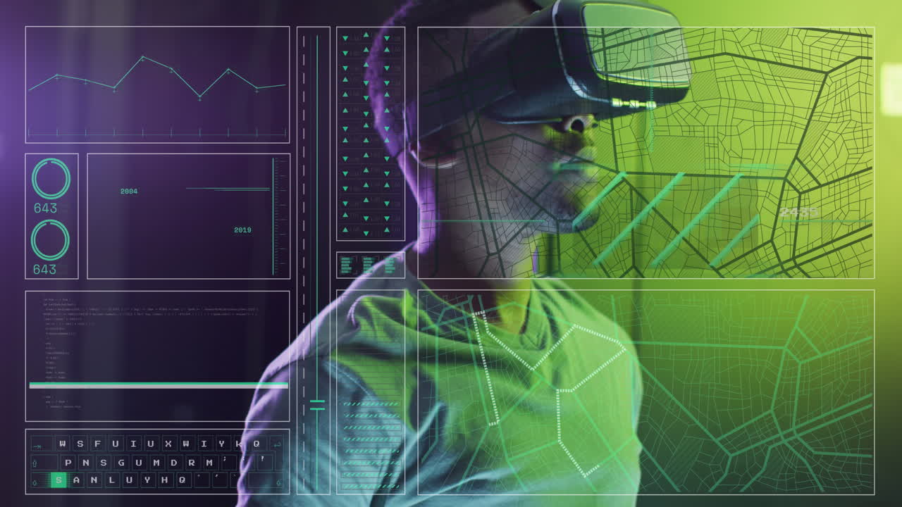 Animation of data processing, african american male it engineer in vr goggles and computer servers