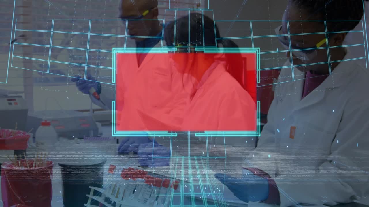 Animation av ett schema över mångfaldiga forskare i ett laboratorium.