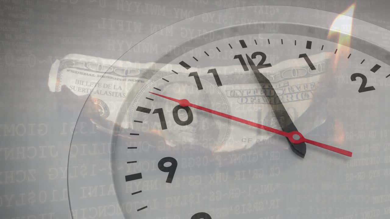 미국 달러 지폐가 불타는 시계의 애니메이션