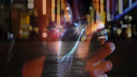 content creator gripping smartphone in neon-lit tech street, with animated streaks over headlights