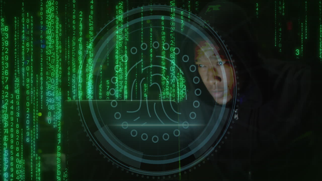 Animation of biometric print and binary coding over african american man using laptop