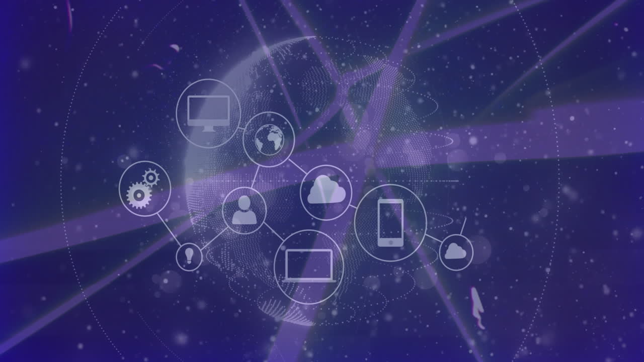 Animation of digital network icons connecting over globe with technology background