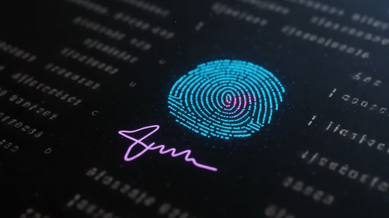 Exploring Digital Identity: An Artistic Representation of a Fingerprint with Signature in a Tech-Inspired Aesthetic Featuring Data Patterns and Vibrant Colors