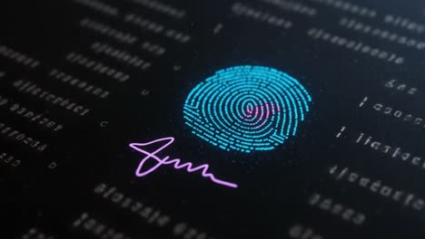 exploring digital identity: an artistic representation of a fingerprint with signature in a tech-inspired aesthetic featuring data patterns and vibrant colors