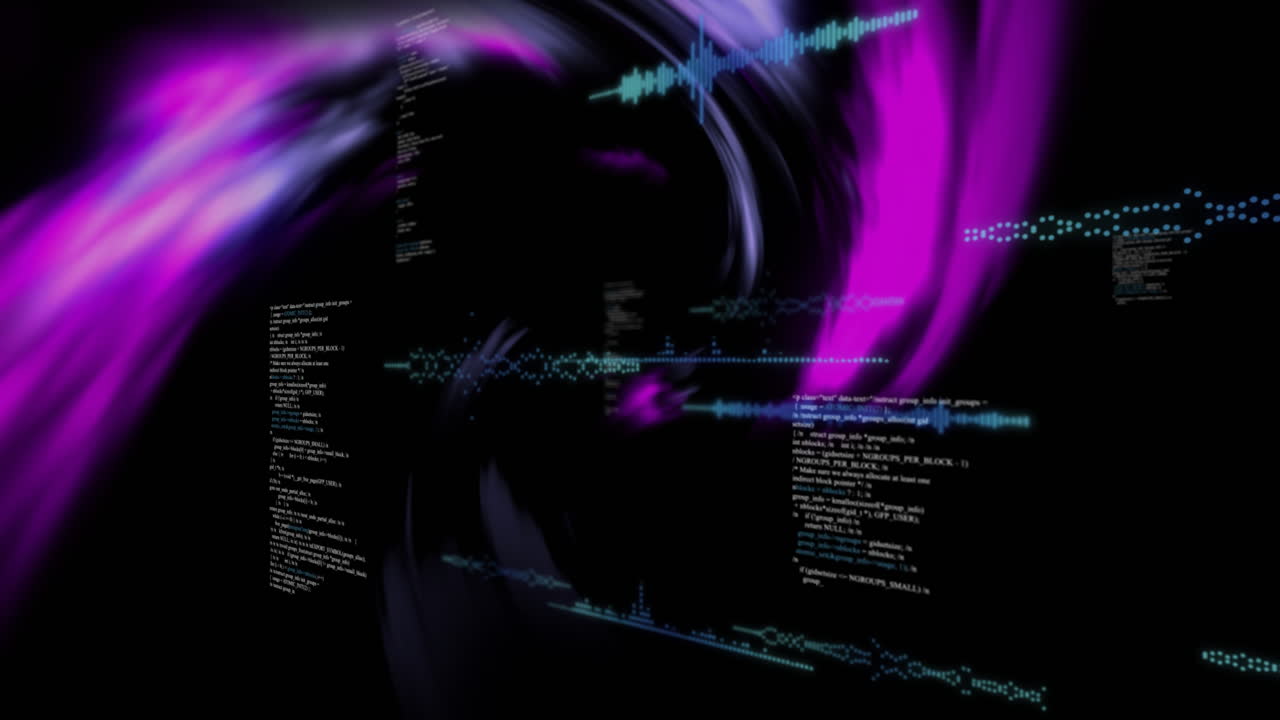 Animation of data processing and purple light trails over black background