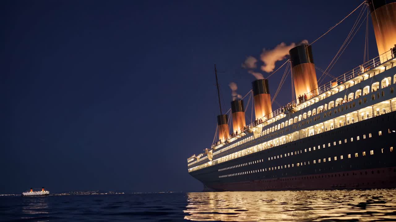 A low-angle shot of a grand ocean liner at night, illuminated against the dark sky