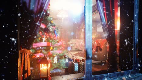 a blizzard is raging, and a decorated christmas tree and the anticipation of christmas cheer stands in a warm house. the looped animation is ideal for christmas and new year's eve backgrounds.