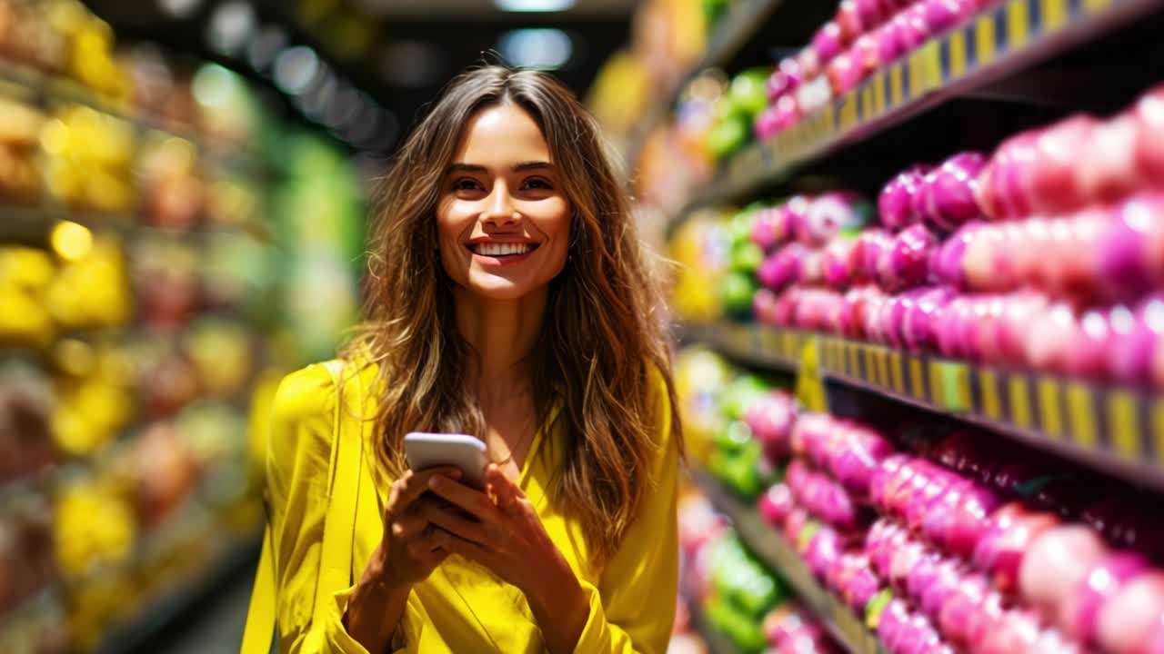 A woman wearing a vibrant yellow outfit smiles while using her smartphone in a colorful grocery store aisle filled with fresh produce, showcasing a cheerful shopping experience