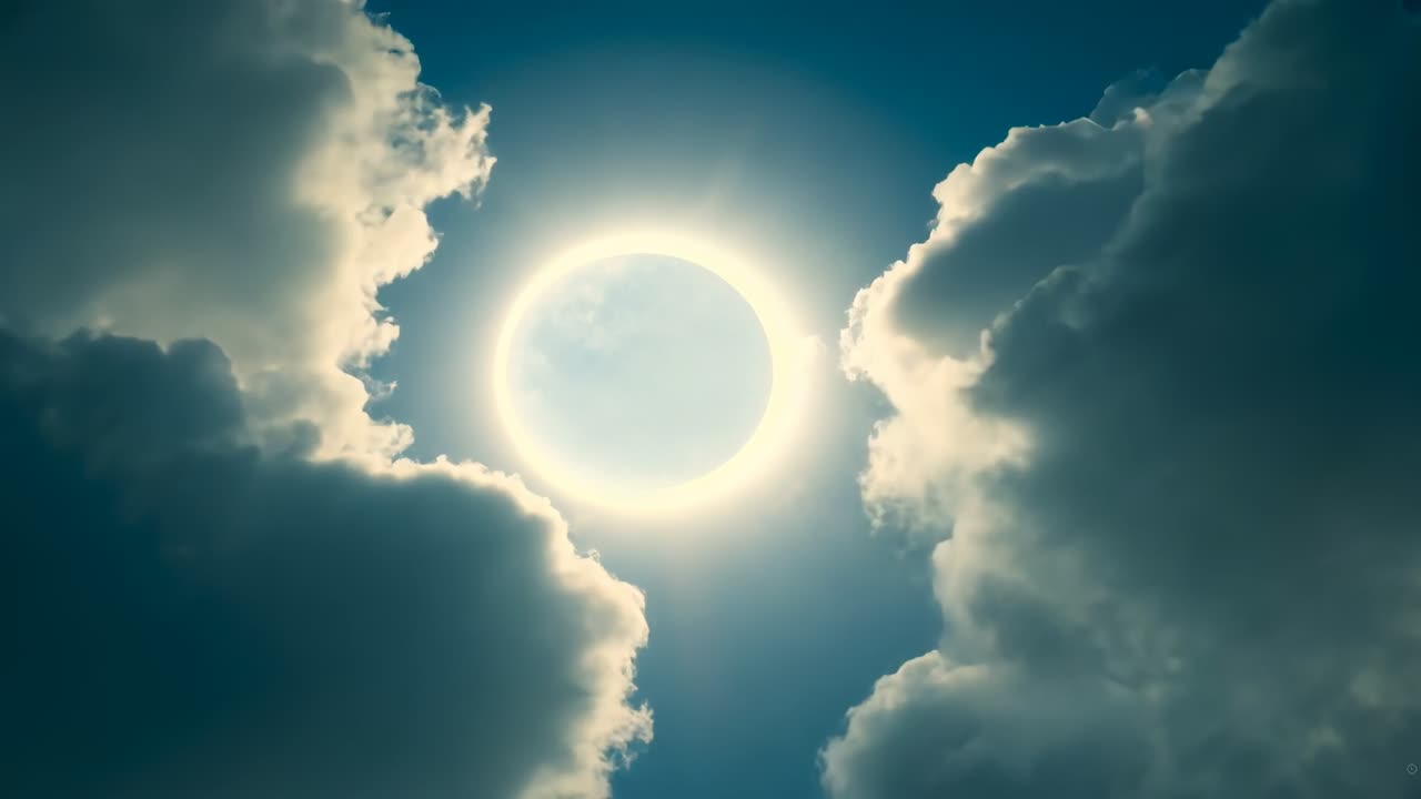 Emerging sun disk showing luminous halo and rays through clouds opening in sky, clouds moving apart
