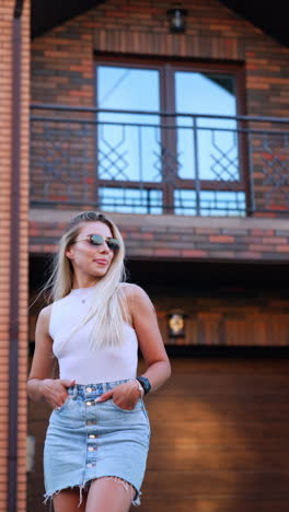 young woman loves sunny day. a confident young woman with long blonde hair stands outside a modern house on a sunny day, wearing sunglasses