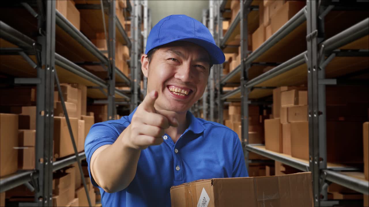 primer plano de un mensajero masculino asiático en uniforme azul sonriendo y haciendo un gesto honesto mientras entrega una caja en el almacén