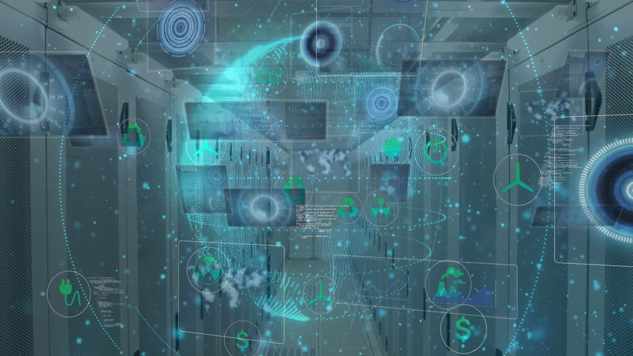 animazione di scanner rotondi e elaborazione dei dati su un globo contro la sala server del computer