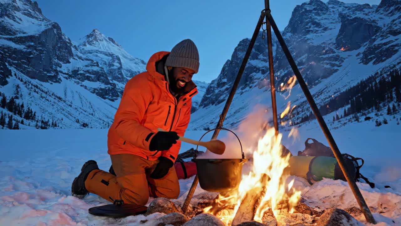 Man Cooking Over Campfire in Winter Mountain Landscape