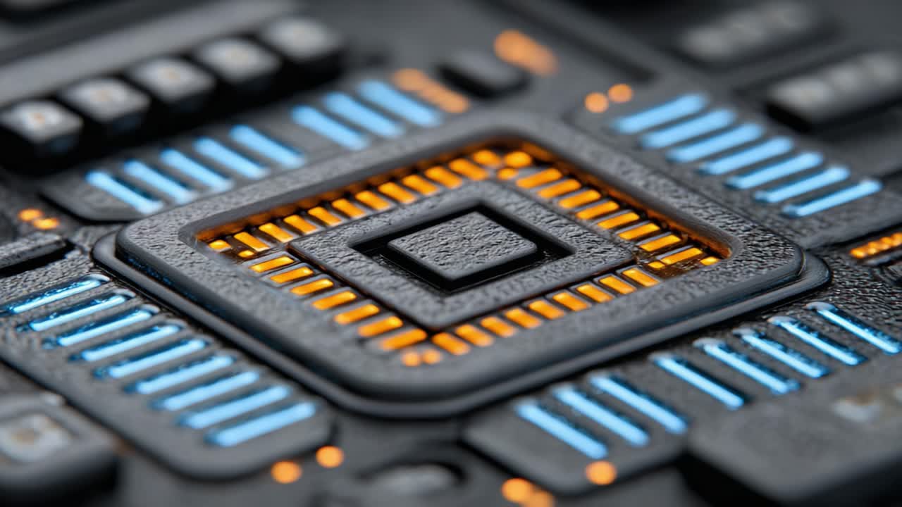 A Close-Up View of Advanced Microchip Technology Showcasing Intricate Patterns and Color Variations with Orange and Blue Elements on a Dark Surface
