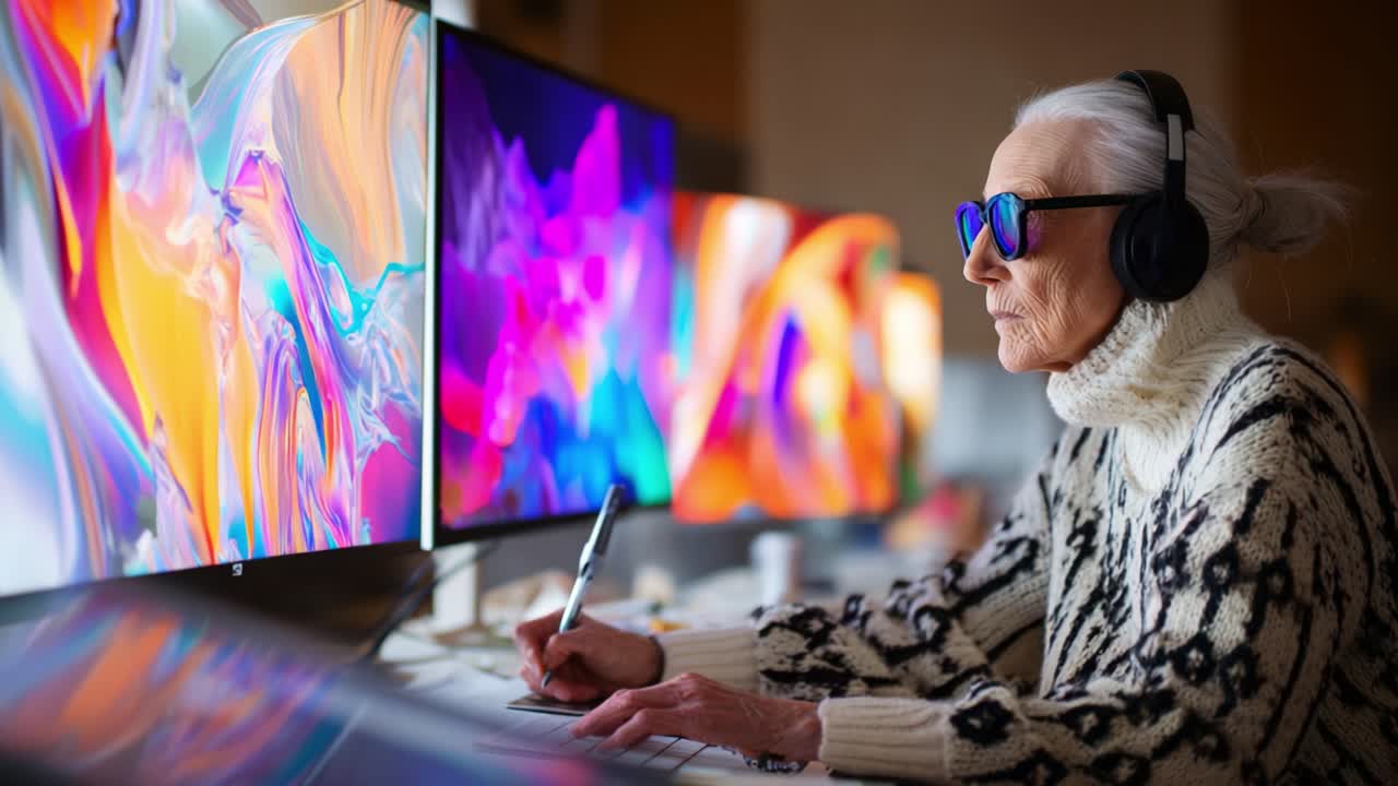 An Elderly Individual Engaged in Creative Digital Work, Surrounded by Colorful Monitors and Wearing Headphones, Capturing the Essence of Artistic Expression and Innovation