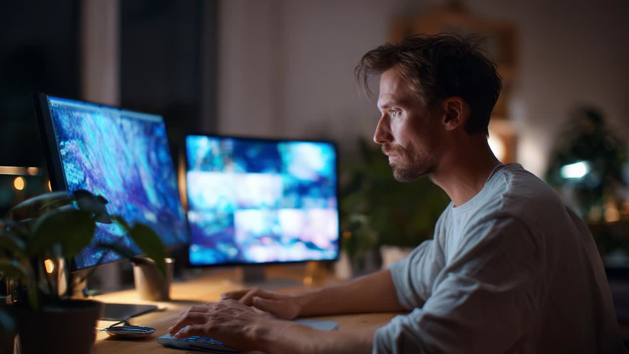 Focused Individual Working Late at Night on Multiple Monitors Surrounded by Plants, Engaged in Creative or Analytical Tasks in a Cozy and Well-Lit Home Office Environment