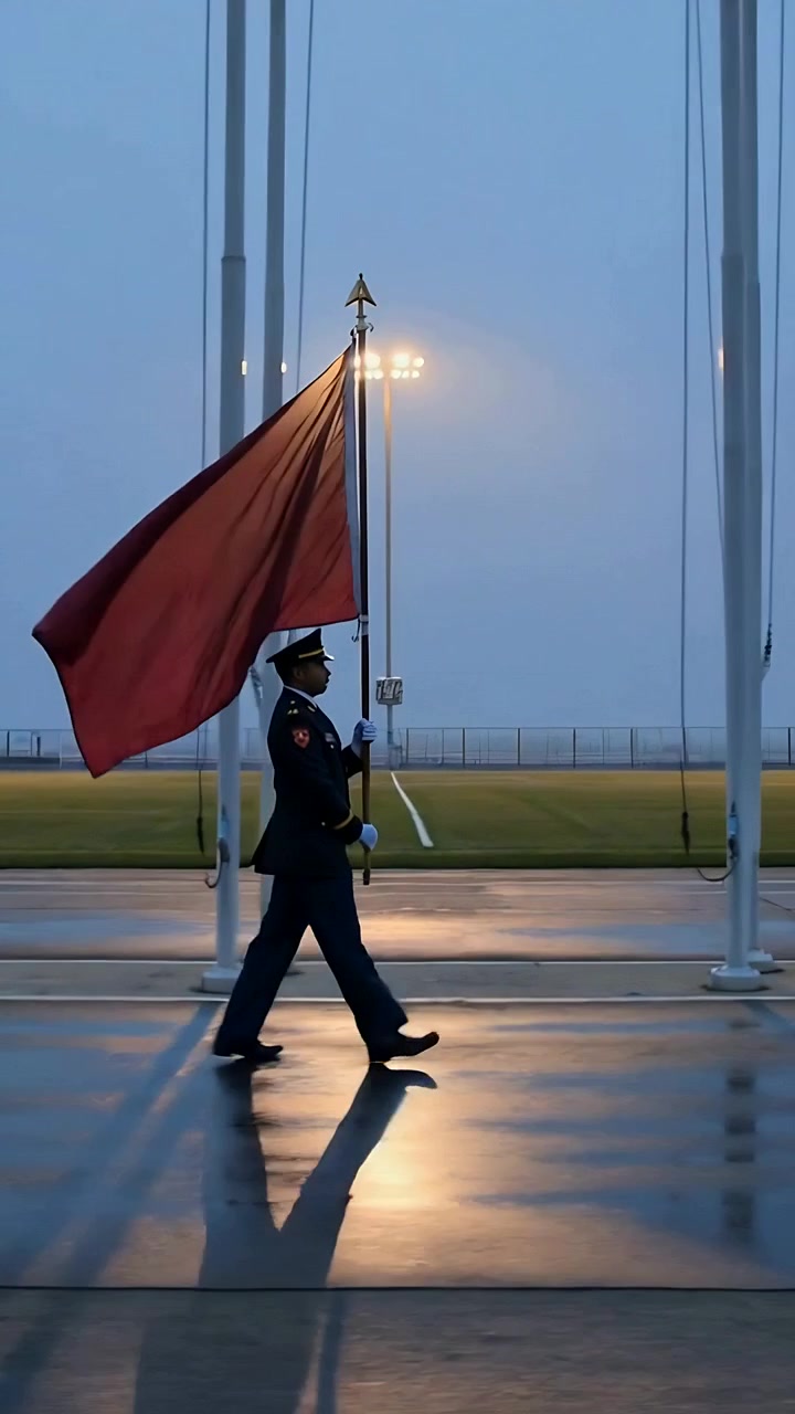 Video vertical: Guardia uniformado marchando al compás, manteniendo el paso por una plaza húmeda, sosteniendo una bandera roja.