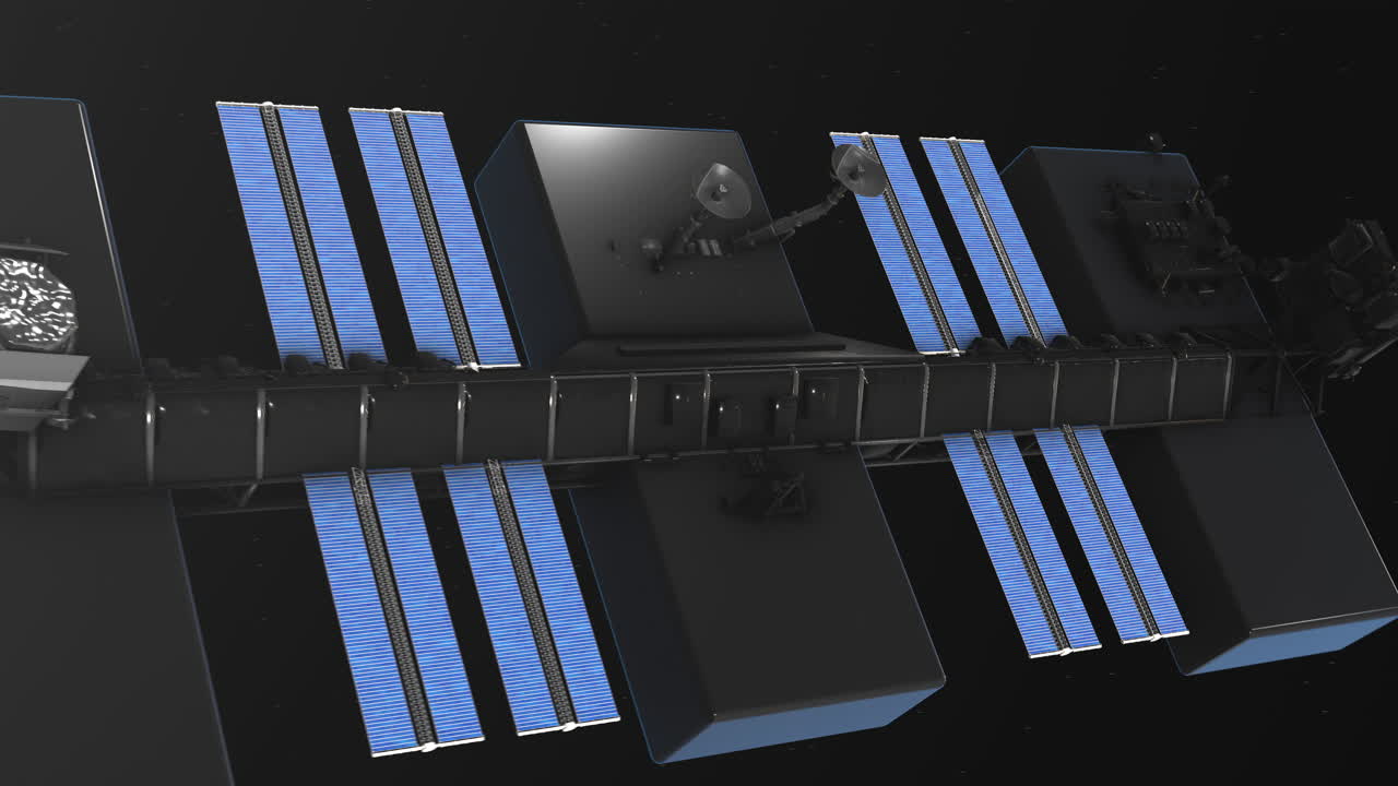 File di server di data center nello spazio con uno sfondo con bagliore solare, mentre la potenza di calcolo viene ritrasmessa sulla Terra tramite satelliti. Uno sguardo concettuale su come potrebbe essere ospitato internet del futuro.