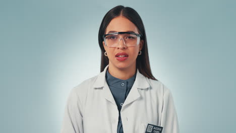 Doctor,-woman-and-stressed-with-science-in-studio