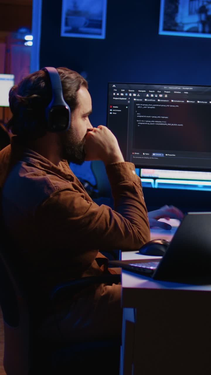 Focused Programmer Working on Code at Night in Dark Office