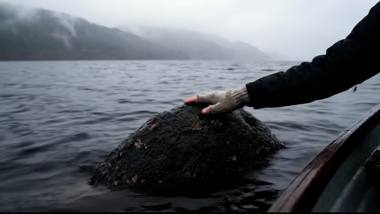 Handskebeklædt hånd rører ved sten og dyppes i koldt søvand fra båd