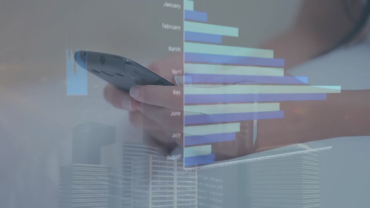 animación de procesamiento de datos estadísticos sobre la sección media de una mujer que usa un teléfono inteligente en la cama