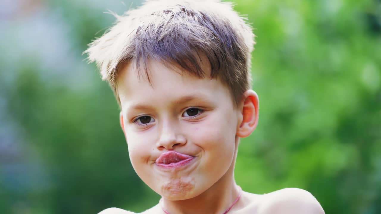 Boy's face close-up. Cute little boy touches the nose by his tongue. Portrait of a child showing funny face.