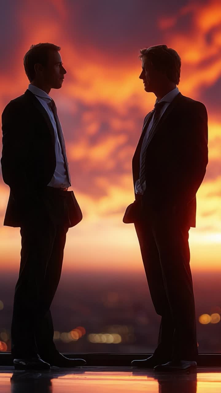 Due uomini in giacca e cravatta in silhouette sullo sfondo di un grattacielo al tramonto, immersi in una conversazione profonda sulla vita, sul lavoro o sulle relazioni