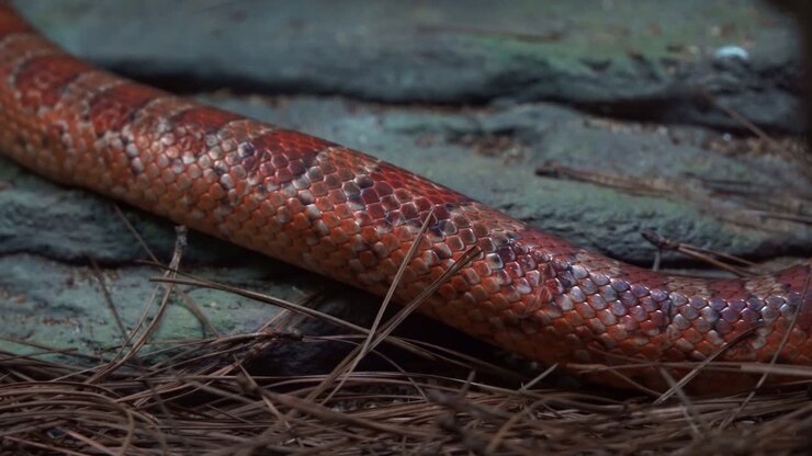Serpente do milho de espécie exótica, Pantherophis guttatus, em locomoção serpentina, rastejando e deslizando