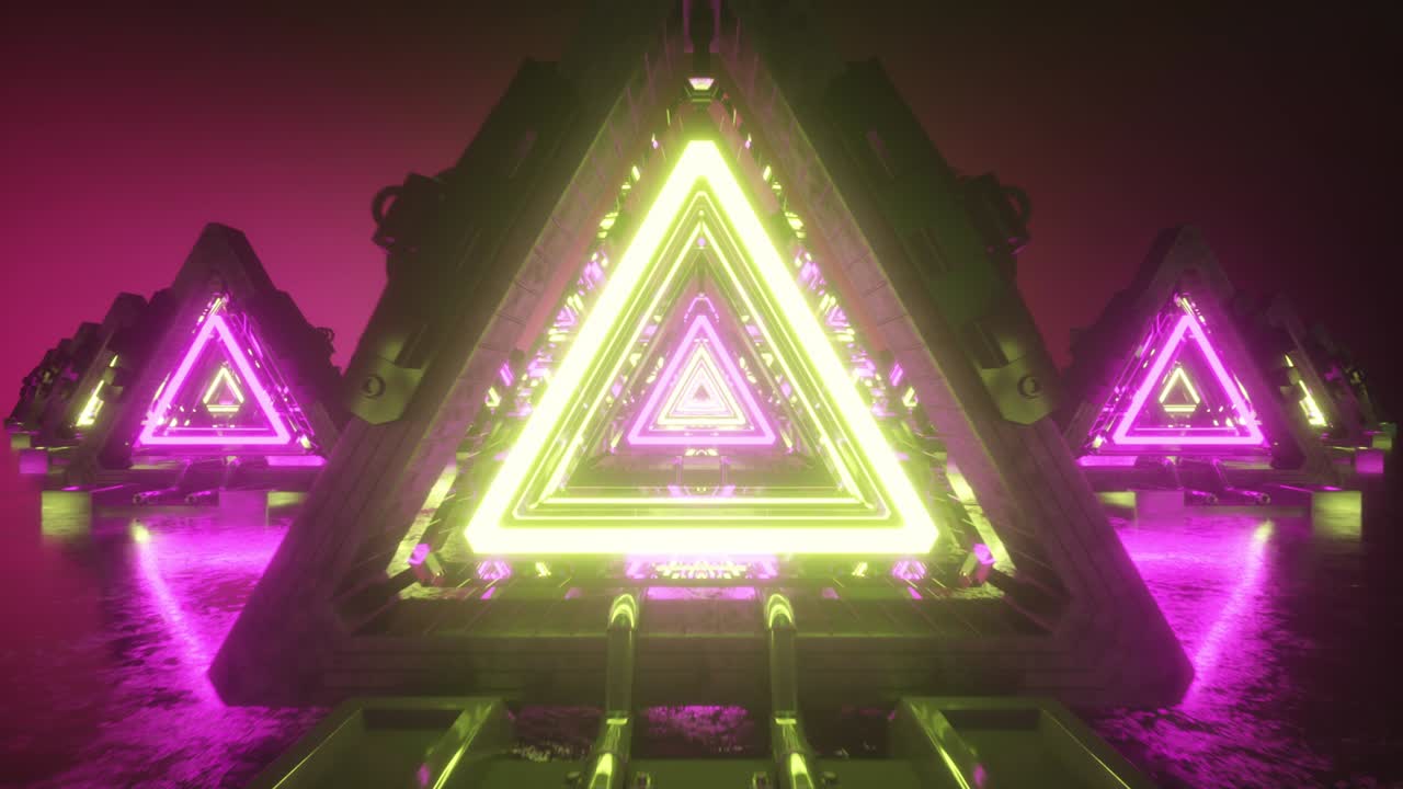 vuelo abstracto en metal corredor futurista con triángulos, bucle sin costuras fondo 4k, luz ultravioleta fluorescente, líneas de neón láser, túnel geométrico sin fin, espectro rosa amarillo, renderizado en 3d