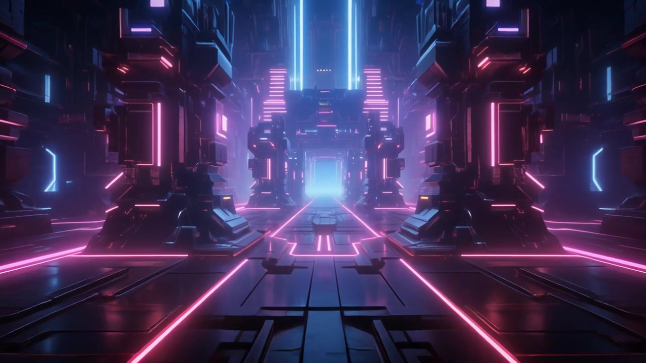 Pasillo de ciencia ficción futurista con luces de neón brillantes