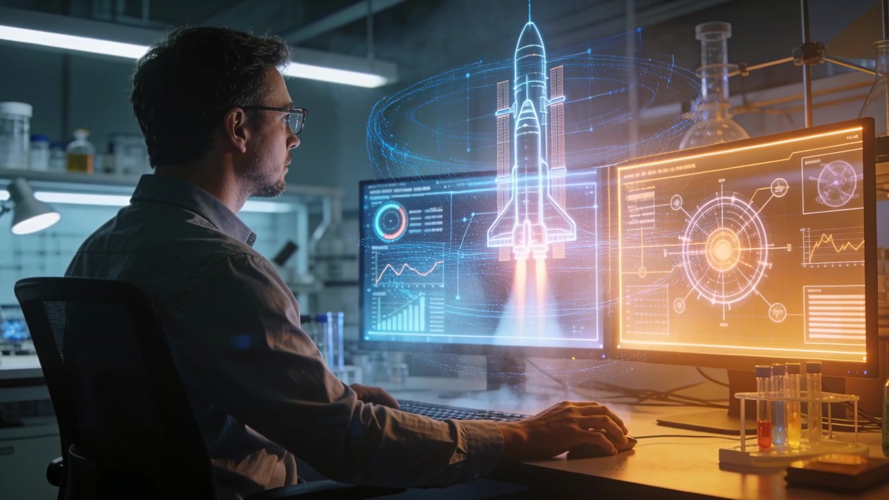 Clicking engineer in shirt, glasses starting rocket sim testing at lab by dual screens, copy space