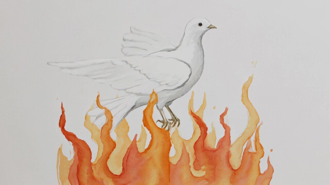 Mostrando fotogrammi di una colomba bianca ad acquerello che si solleva sopra fiamme arancioni su carta, con segni di matita tracciati.