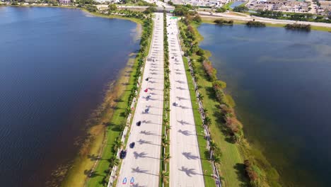 an incredible drone shot of downtown west palm beach flying down okeechobee blvd