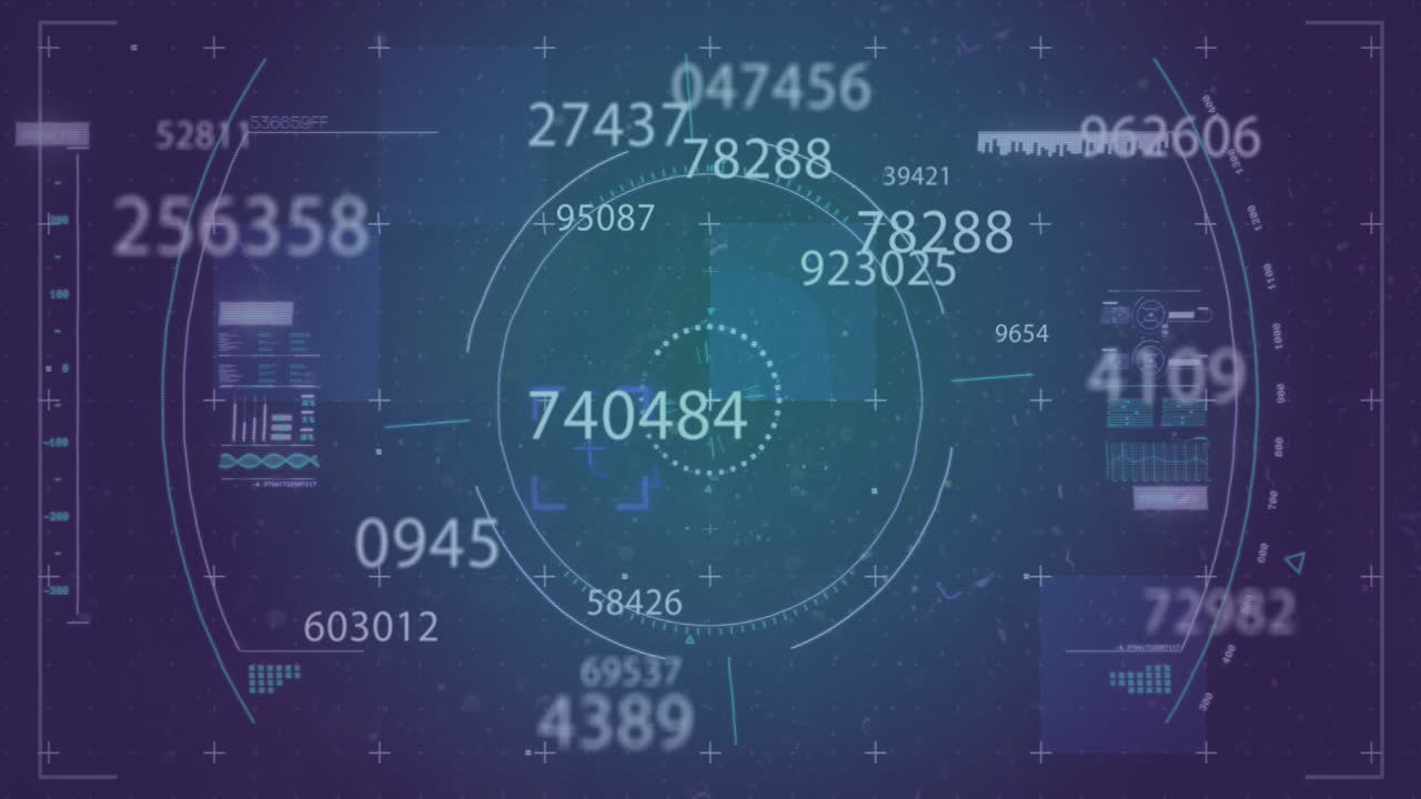 animación del efecto de glitch y escaneo de alcance sobre múltiples números cambiantes contra fondo azul