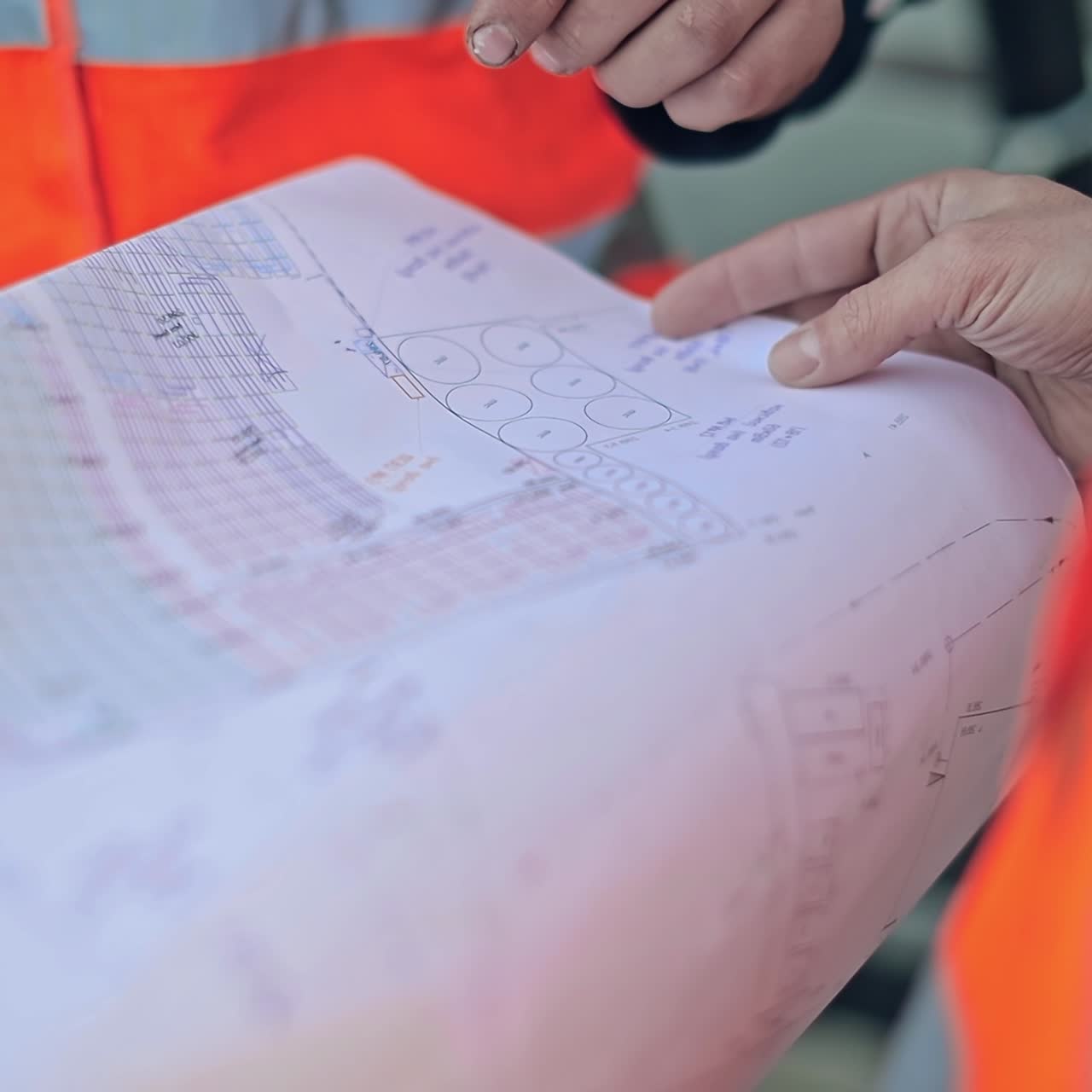 Scheme plan in workers' hands. Some people hold the plan project and looking at the information. Close-up.