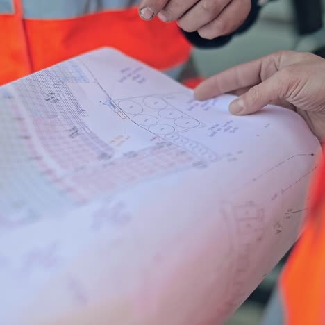 scheme plan in workers' hands. some people hold the plan project and looking at the information. close-up.