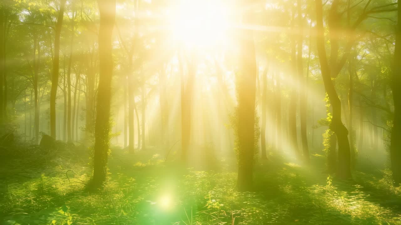 Sunlight streams through a lush forest, creating a serene, ethereal atmosphere