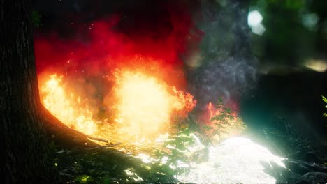 wind blowing on a flaming trees during a forest fire