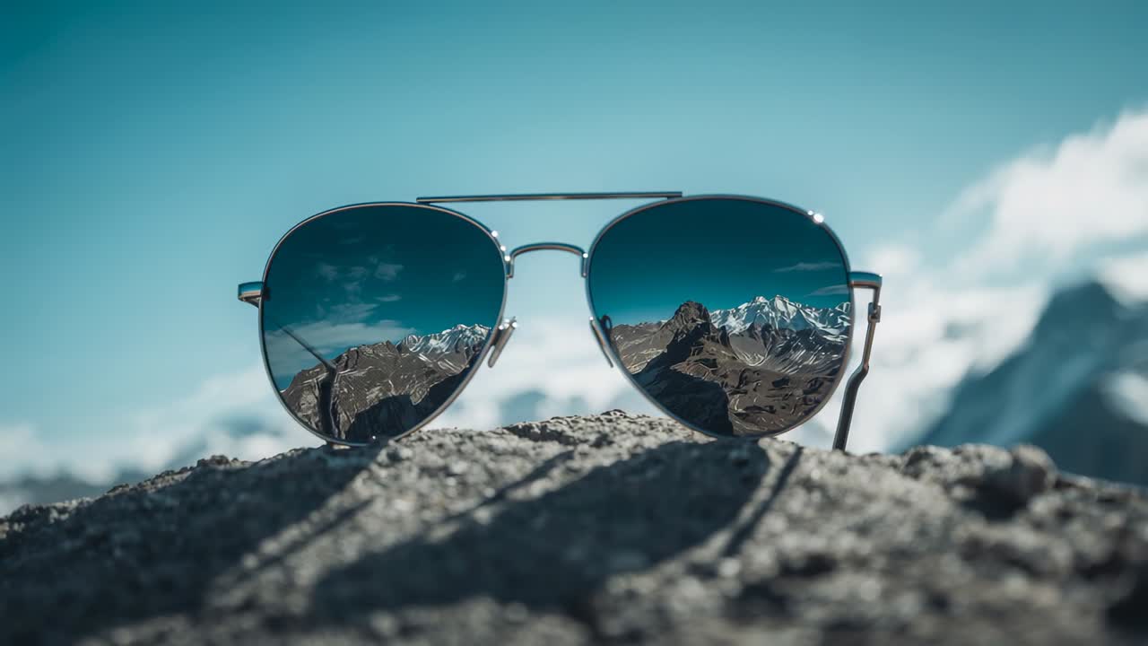 Opening closeup camera pulling focus between rock and snow-capped peaks, showing aviator sunglasses