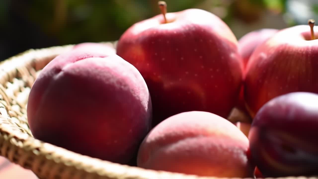 Freshly Picked Apples and Peaches in a Woven Basket on a Sunny Kitchen Table