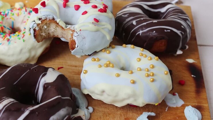 Ciambelle multicolori sulla lavagna. Al cioccolato e vivaci