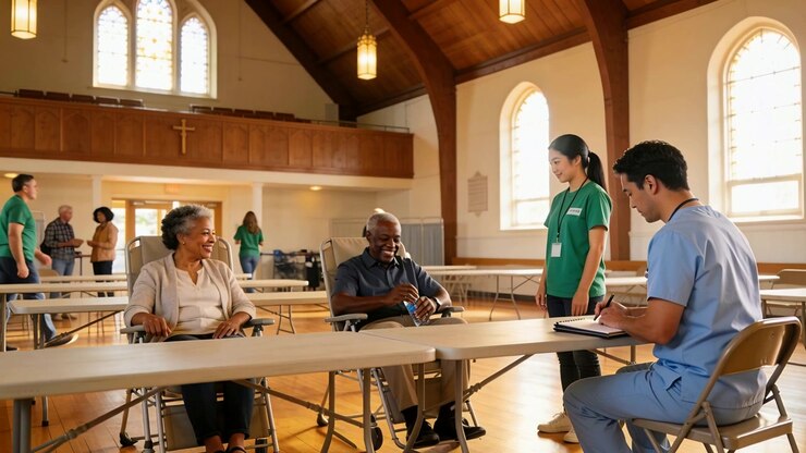 Offering green polo helper in church hall handing bottle to senior hydrating while medic recording