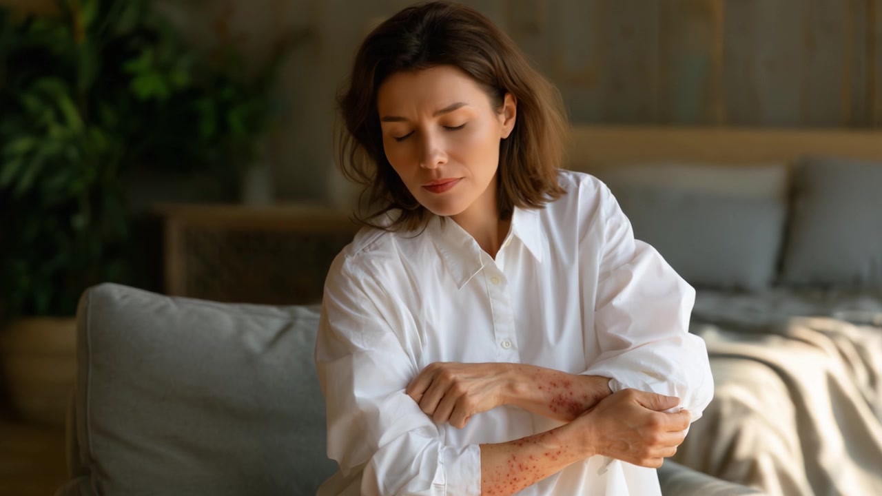 A Woman Reflecting on Skin Discomfort: Embracing Her Journey Through Identity and Resilience Amid Visible Skin Conditions in a Calm, Cozy Environment