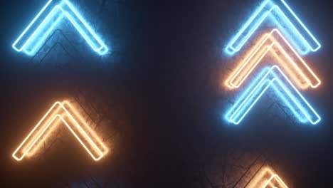 las flechas de neón brillantes en una superficie metálica indican la dirección del movimiento. fondo láser abstracto. bucle sin costuras 3d render