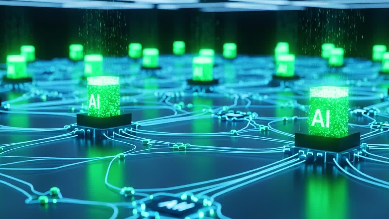 A Stunning Visualization of Artificial Intelligence Networks with Glowing Green Blocks and Intricate Circuit Designs, Showcasing Connectivity and Technological Innovation