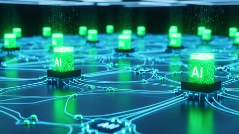 a stunning visualization of artificial intelligence networks with glowing green blocks and intricate circuit designs, showcasing connectivity and technological innovation